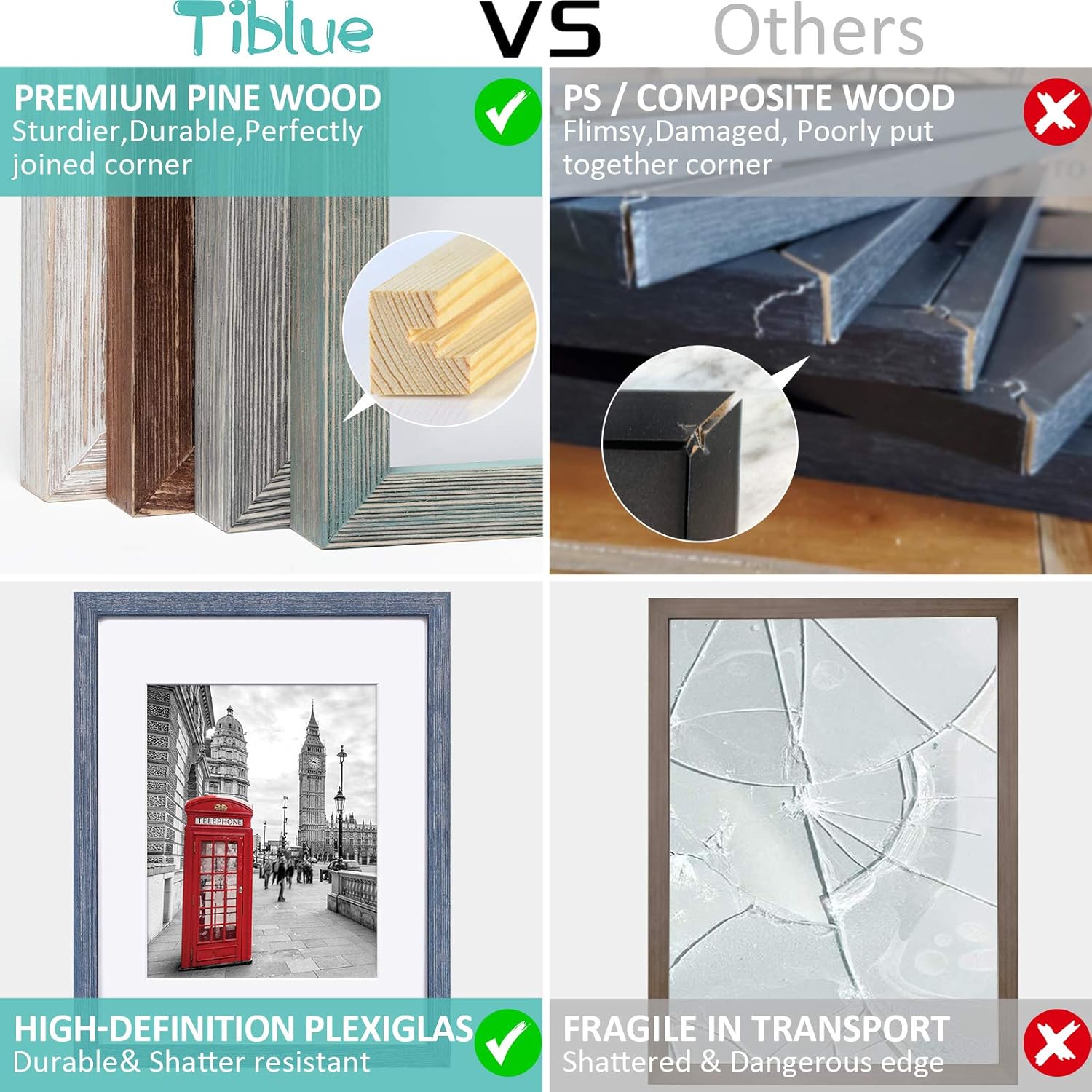 Tiblue 11x14 Picture Frame, Distressed Rustic Blue Solid Wood, 2 Packs with 4 Mats, 8.5”x10.5”/7.5”x9.5” Opening, HD Plexiglass, Wall Mount & Tabletop, Unisex Adult