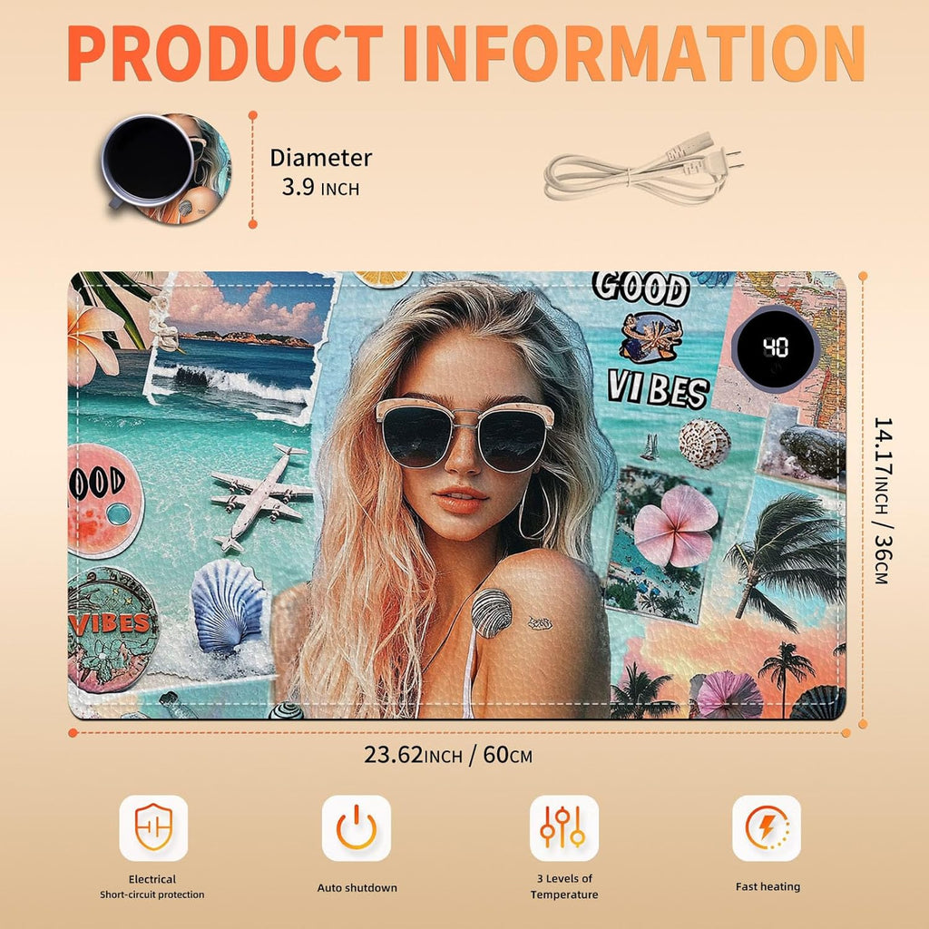 Heated Mouse Pad 23.6 x 14 in 3-Temp Fast Heating Desk Mat with Auto Timer Warmer for Hands Wrist Pain Relief Waterproof Keyboard Mat for Office, Gaming, Home, Beach Vibes Beauty