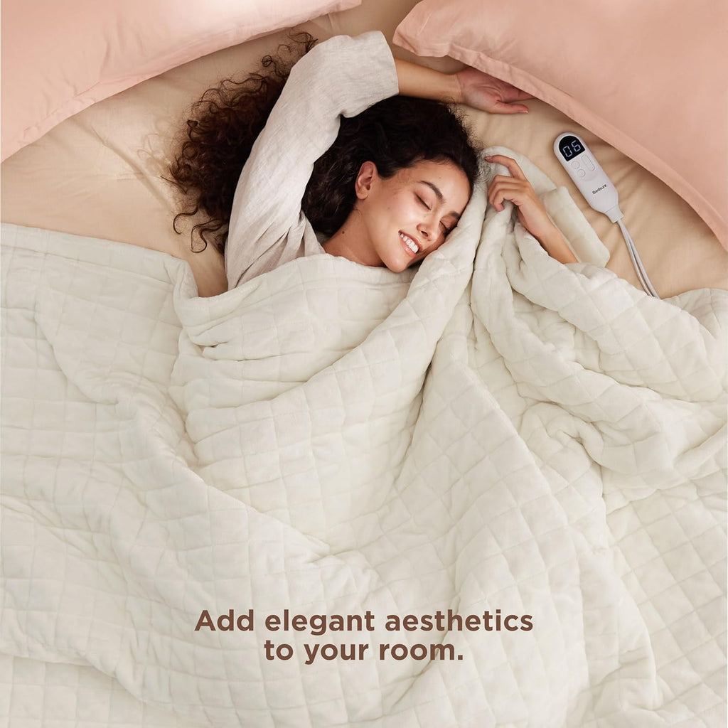 Bedsure Electric Blanket Twin - Quilted Heated Blanket Twin Size, Soft Flannel Thick Heating Blanket with 10 Time Settings & 6 Heat Settings, Warm Gifts for Women Men (62x84 inches, Ivory)