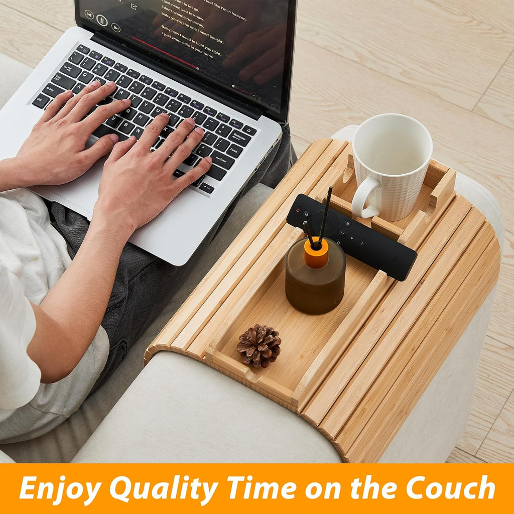 GEHE Bamboo Couch Cup Holder, Anti-Spill Sofa Arm Tray, Natural and Easy to Clean Couch Arm Cup Holder Armrest Tray Perfect for Cups, Beers, Snacks, Remote Control, Drinks