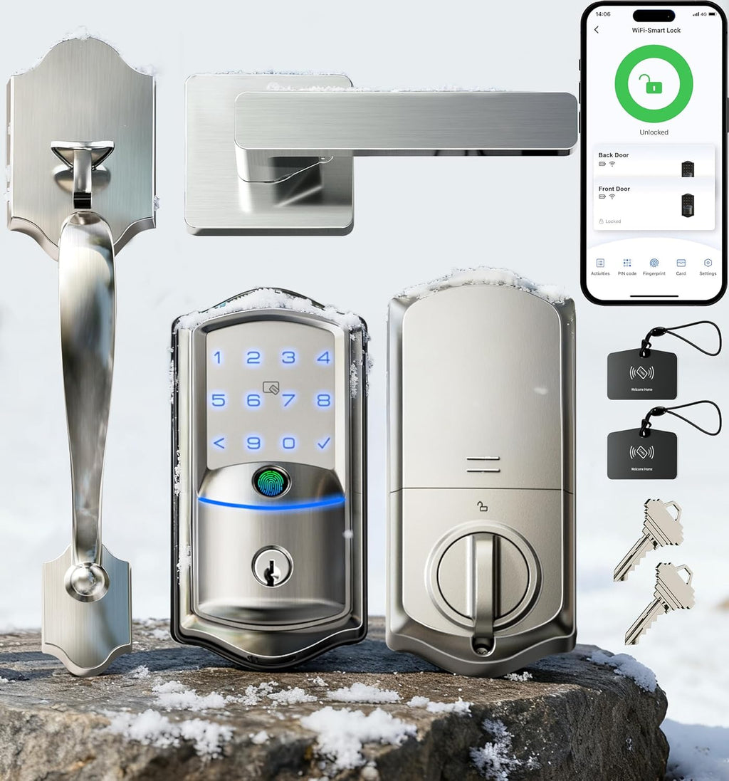 Veise VE027-H WiFi Fingerprint Smart Deadbolt Lock with Handleset, App Remote Control, Keyless Entry Front Door Lock Set, Built-in Wi-Fi, Touchscreen Keypad, Auto-Lock, Easy Setup, Satin Nickel