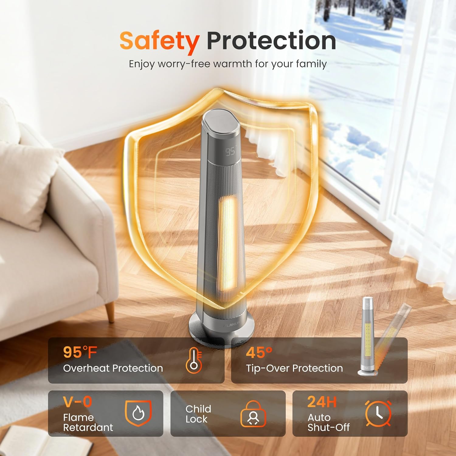 1500W PTC Ceramic Smart Space Heaters for Indoor Use, Portable Heater with Remote & App Control for Large Room, Office, ECO Modes, Safety Protection, 70° Oscillation, 12H Timer, Silver, 1 Pack