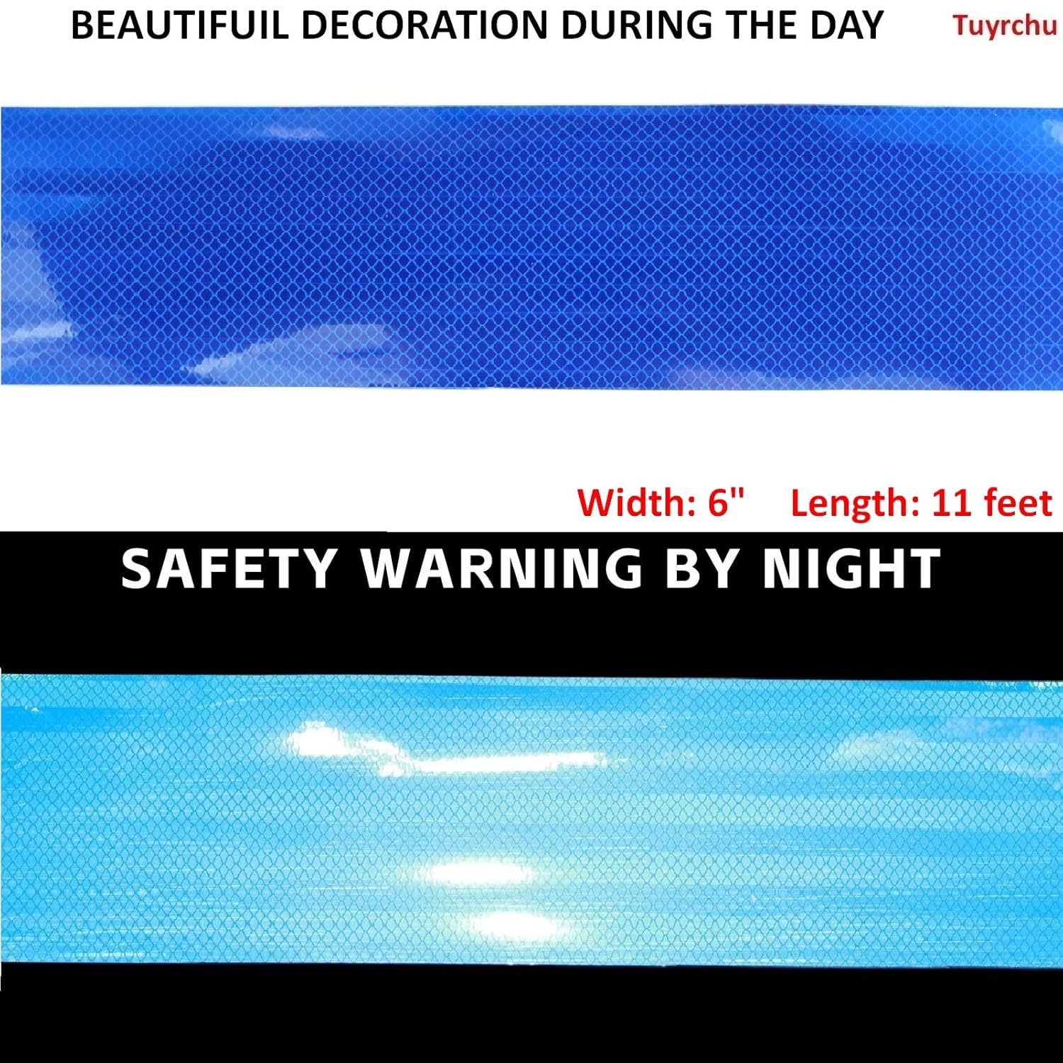Non Fading Reflective Tape Blue 6 inch, Outdoor Waterproof High Visibility Warning Industrial Marking Tape, Safety Stickers (11 feet)