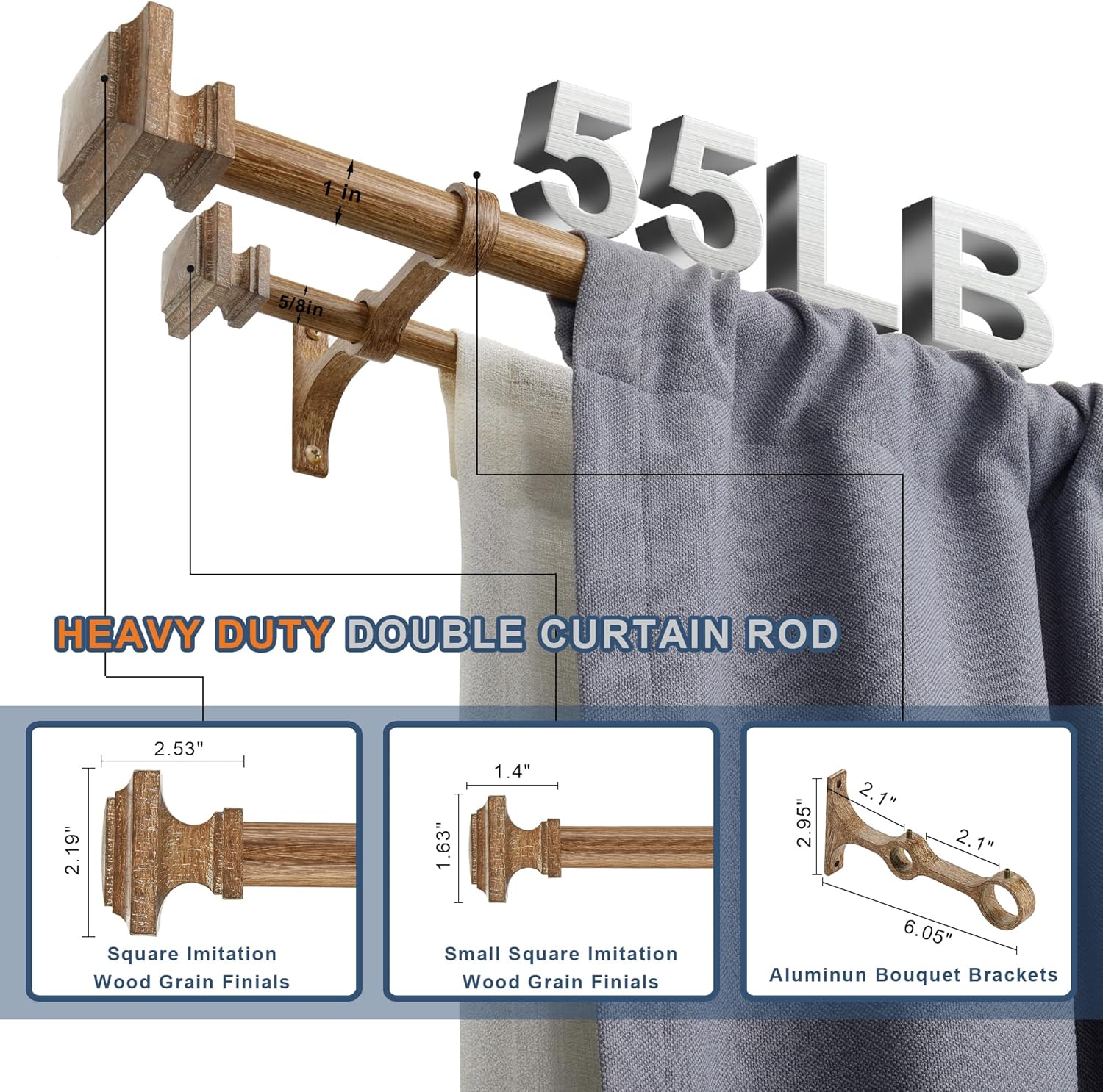 Double Wood Curtain Rods for Windows 36 to 72 Inches,1 Inch Decorative Wooden Curtain Rod with Square Imitation Wood Grain Finials and Double Aluminum Bouquet Bracket, Coffee Brown Wood Grain