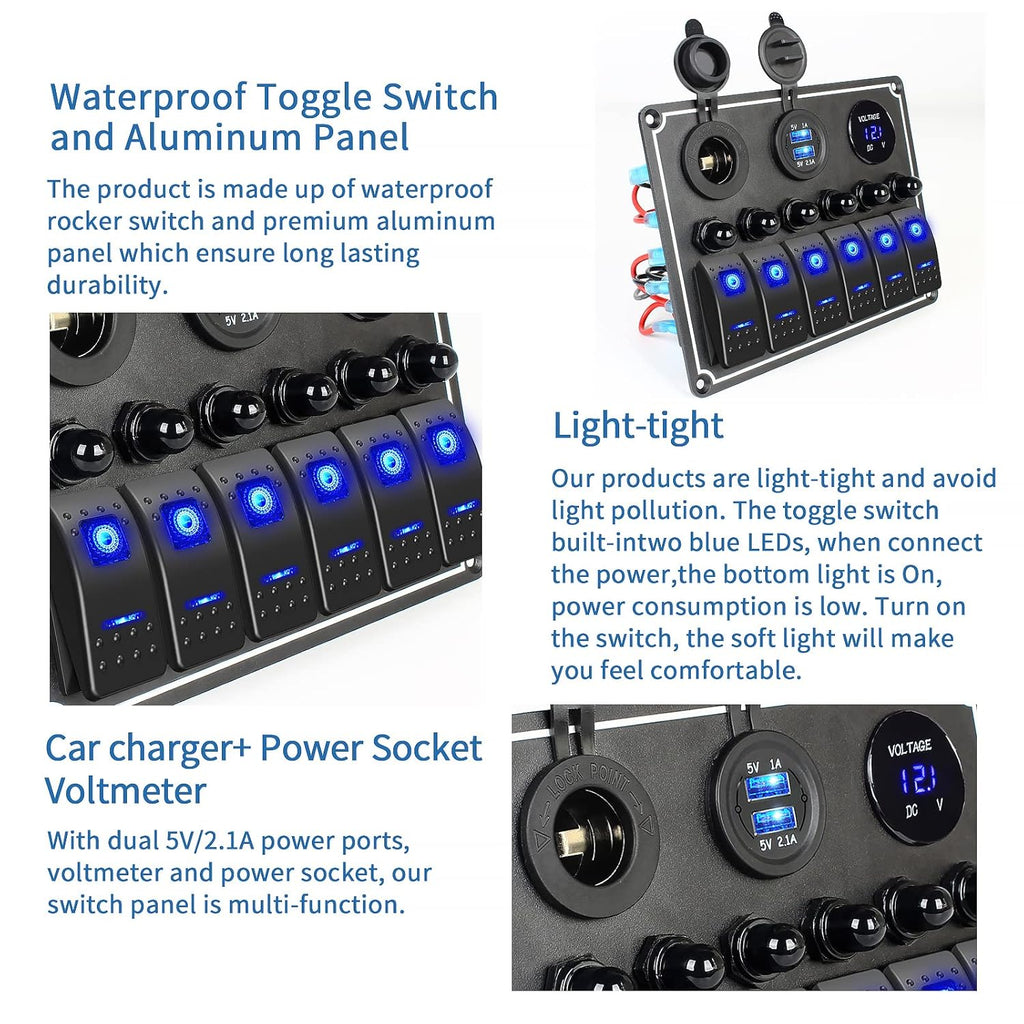 Marine Boat Rocker Switch Panel,Waterproof 6 Gang Multi-Function Toggle Light Switch Panel with Dual USB and Voltmeter Panel for RVs, Cars, Boats, Trucks,Trailers - 12-24V Blue