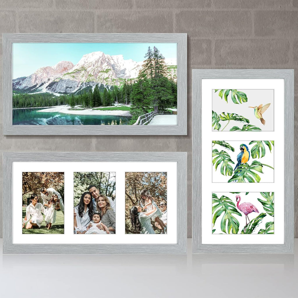 Golden State Art, Set of 3, 9x18 Grey Wood Frame - White Mat for Three 5x7 Pictures - Sawtooth Hangers- Swivel Tabs - Wall Mounting - Landscape/Portrait - Real Glass - Collage Frame