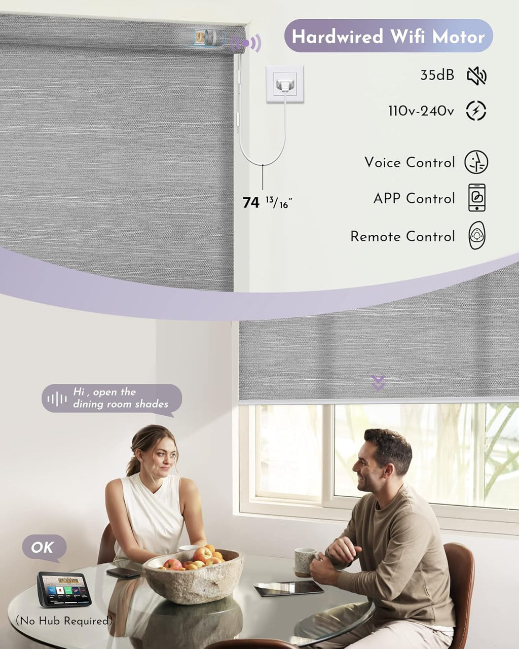 Graywind Motorized Light Filtering Shades Compatible with Alexa Google Hardwired WiFi Smart Half Shading Remote Control Automated Blinds Electric Window Shades, Custom Size (Jacquard Grey)