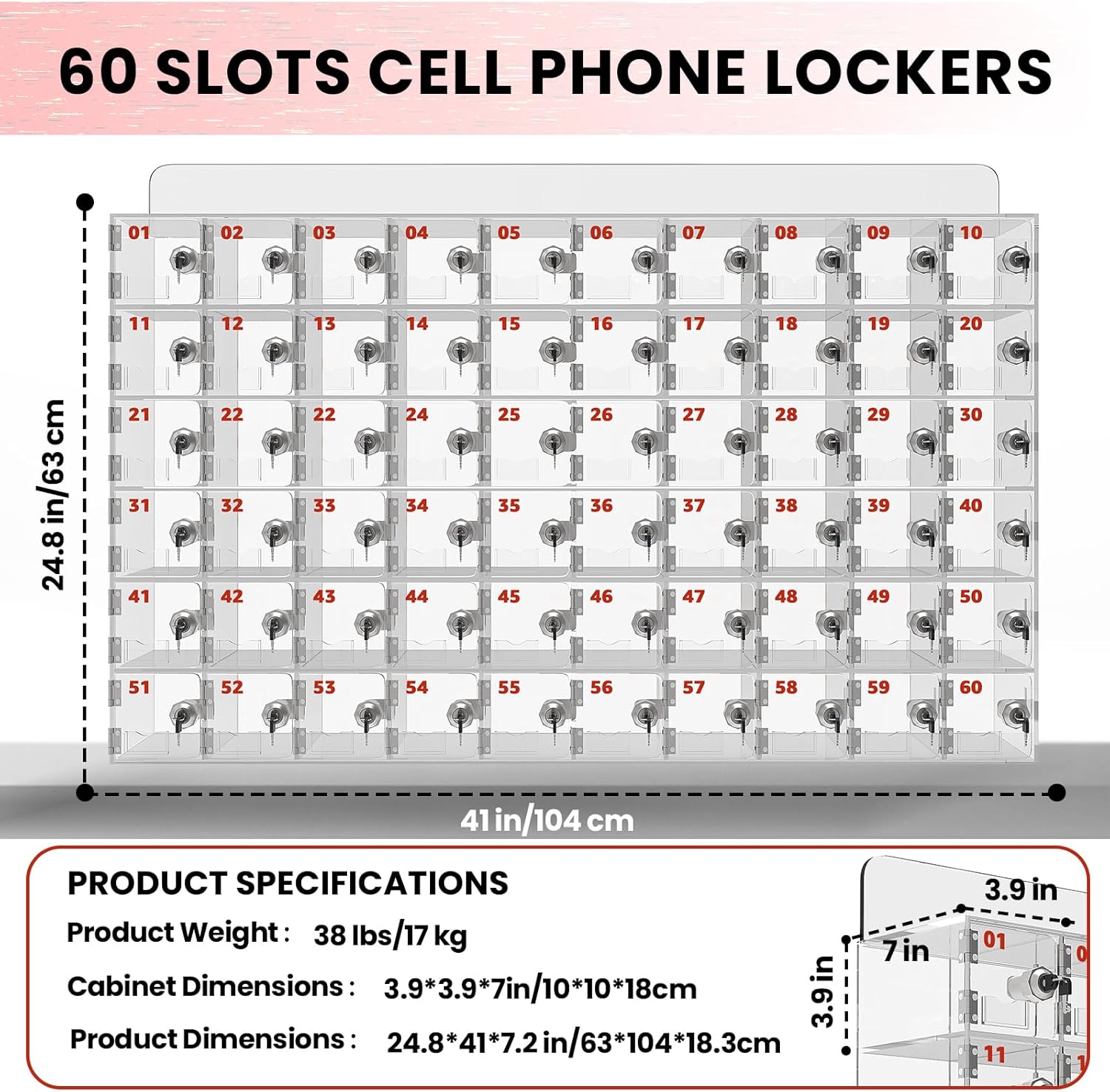 41x25x7-inch Cell Phone Storage Locker, 60 Slots Cell Phone Locker Box — Storage Cabinet with Anti-Tamper Door Locks and Keys (Transparent Acrylic Material), Wall-Mounted Design