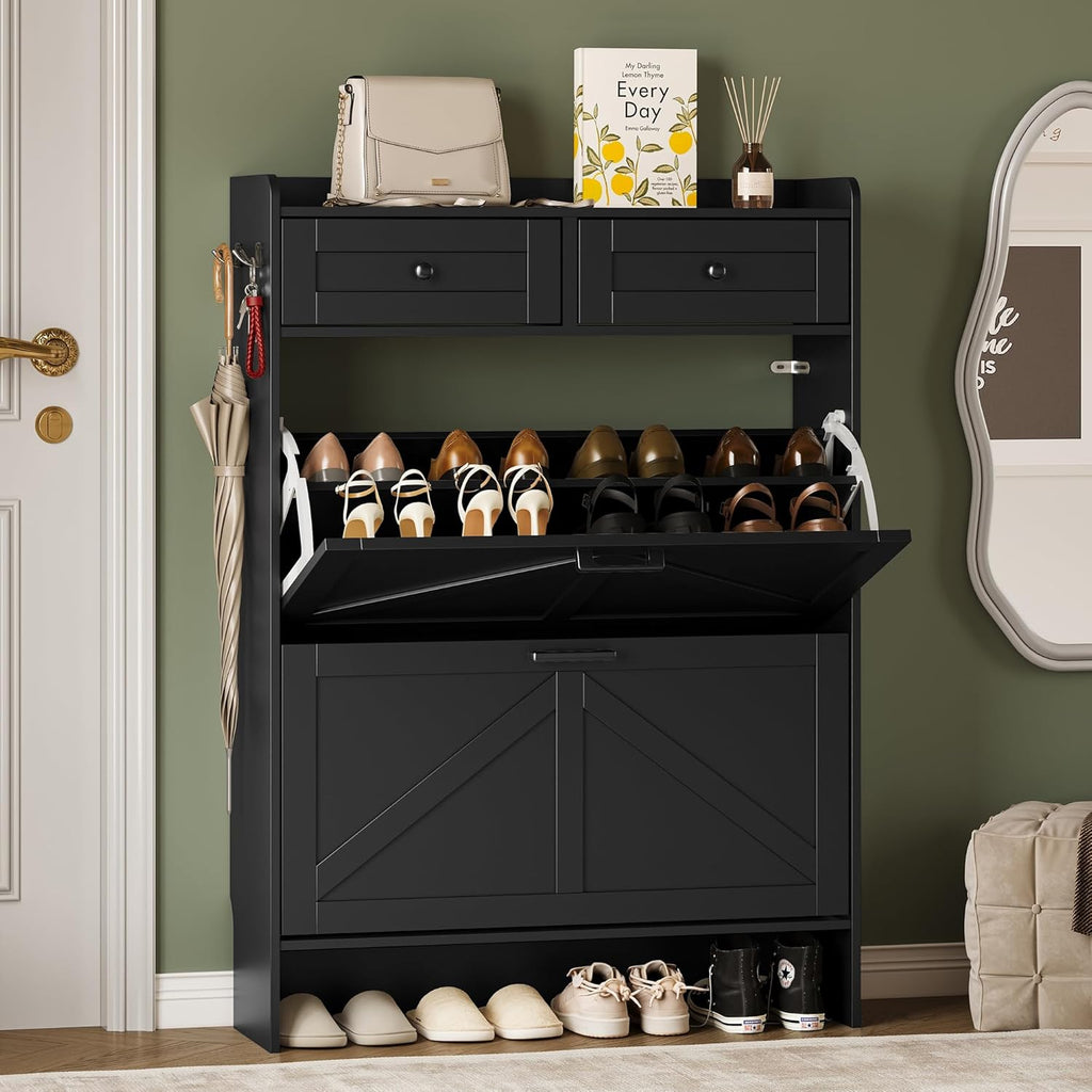 Shoe Storage Cabinet for Entryway, Farmhouse Narrow Shoe Cabinet with 2 Flip Drawers & Top Drawers, Adjustable Shelves & Hooks, Freestanding Hidden Rack Organizer for Hallway, Foyer