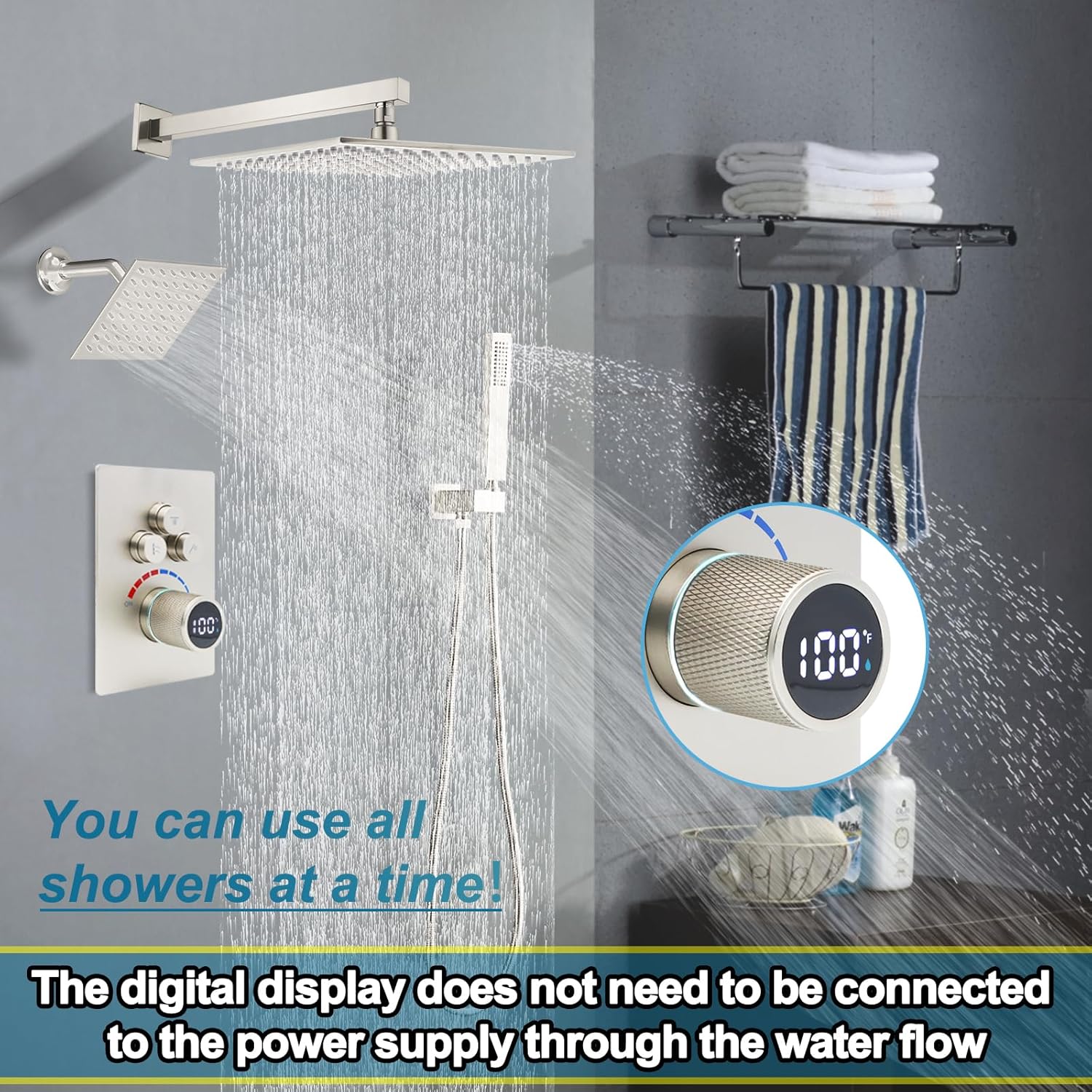 Digital Display Dual Head Shower system Rain Shower System Shower Wall Mount 10 Inch Ceiling Shower Head with 6 Inch Shower Head with shower handheld(Brushed Nickel)