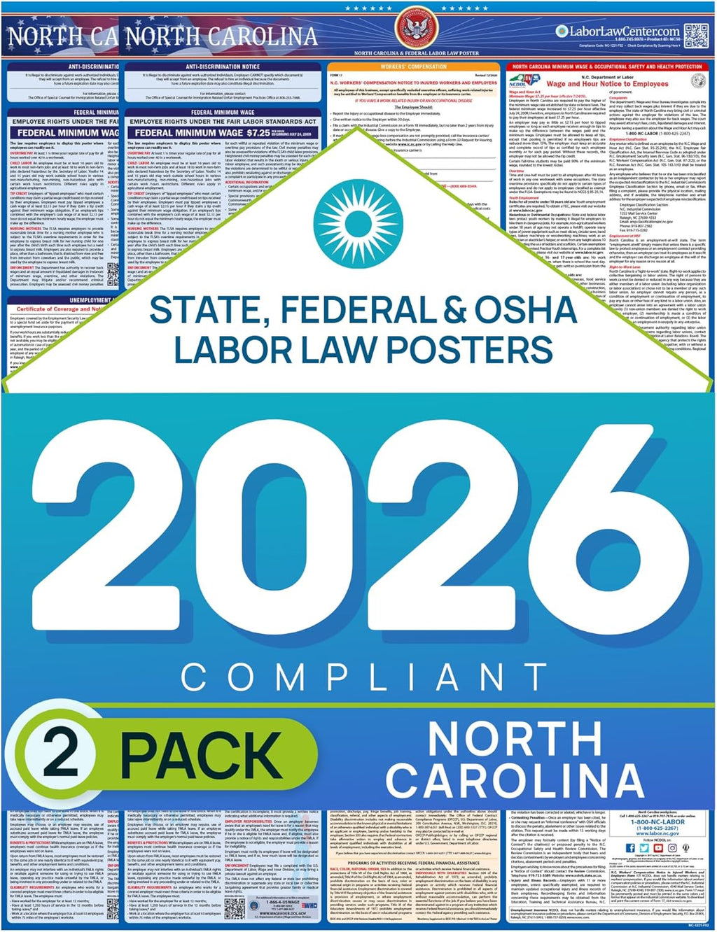 North Carolina 2026 Labor Law Poster – State & Federal Compliance – OSHA, EEOC, FMLA, Minimum Wage – Durable, Laminated & Waterproof Workplace Employment Poster – Made in USA – 26” x 39.5”, 2-Pack
