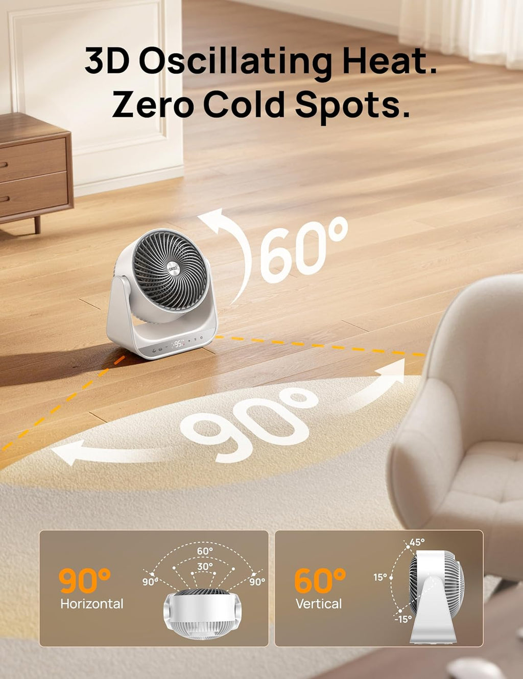Dreo Whole Room Heater 714, 60° Vertical & 90° Horizontal 3D Oscillating Heating, 12 ft/s Long-Range Circulator, 3 Heat & 3 Fan Settings, Space Heaters for Indoor Use, Bedroom, Office, White