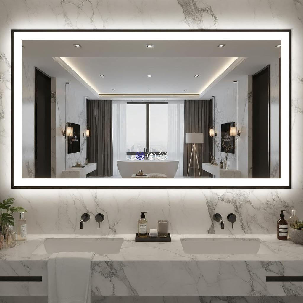 72x40 Lighted Mirrors for Bathroom Wall, Modern Rectangle Matte Black Mirror, Tempered Glass，Double Lights, 3 Colors Dimmable Temperature, IP54 Enhanced Anti-Fog, Memory (Horizontal/Vertical)