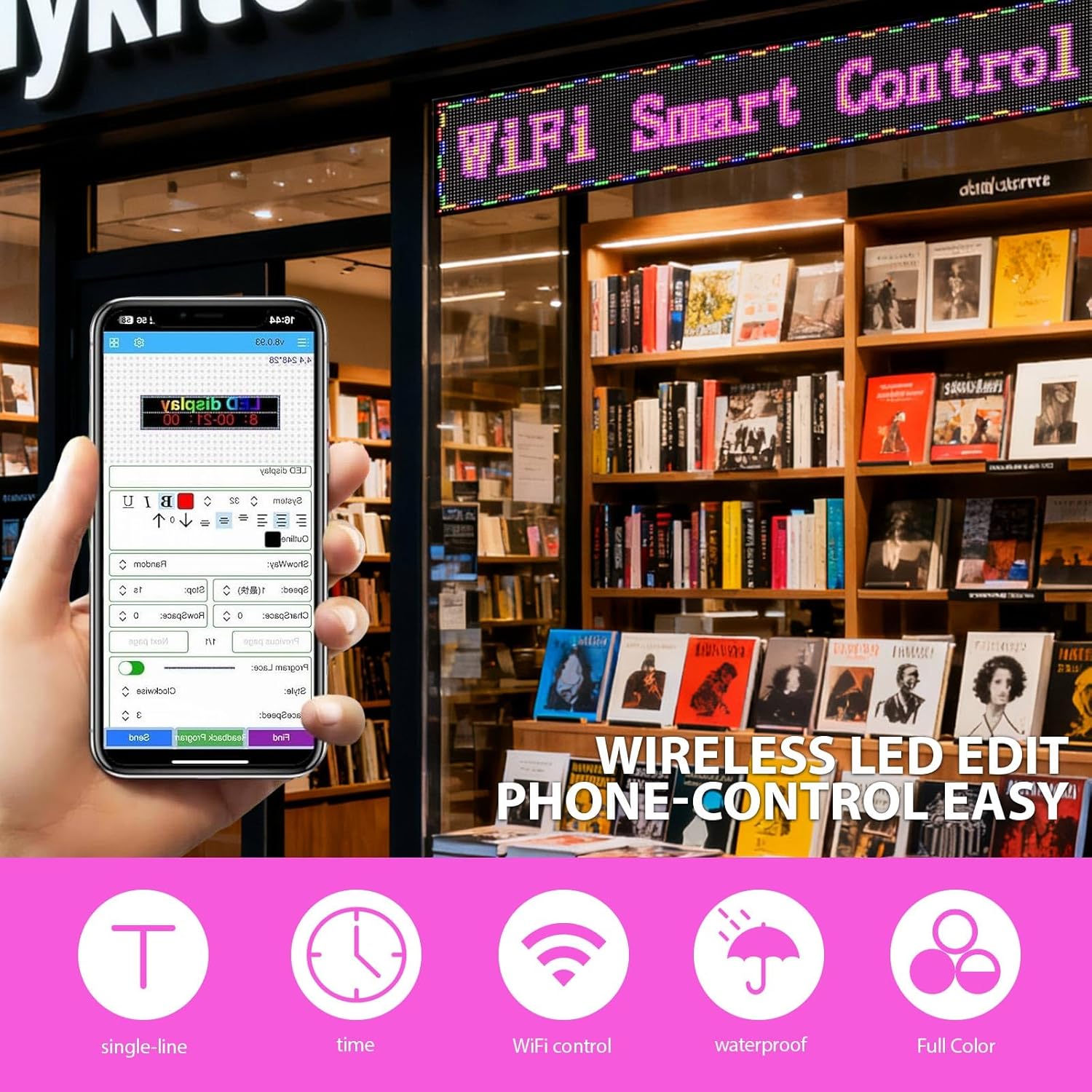 Programmable Led Sign with Full Color Display - Energy Saving and Waterproof Led Message Board for Schools, Shops and Cafes, Supports wifi Connection,77"x14"