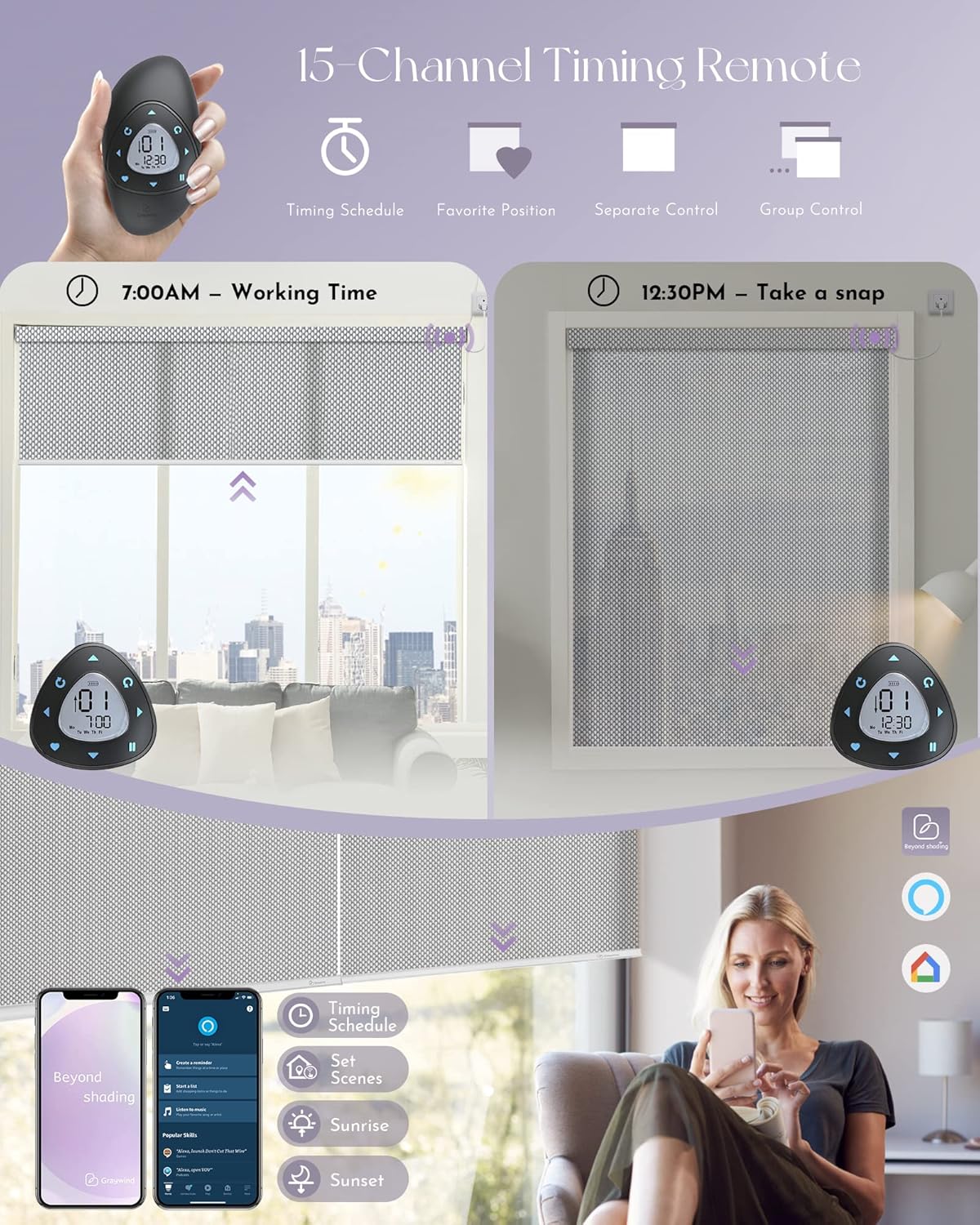 Graywind Motorized Roller Shades Compatible with Alexa Google Hardwired WiFi Smart Light Filtering Blind Remote Automated Blinds Electric Window Shade, Custom Size (3% Openness Solar Silver)