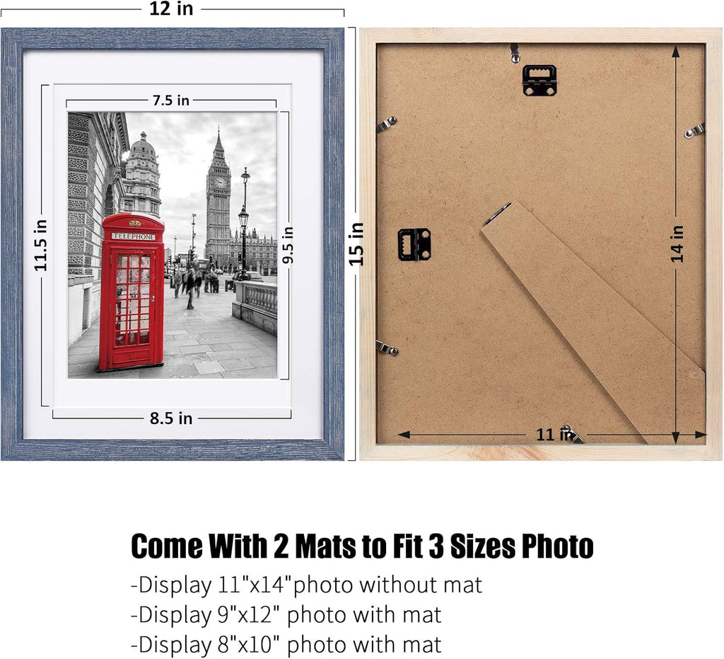 Tiblue 11x14 Picture Frame, Distressed Rustic Blue Solid Wood, 2 Packs with 4 Mats, 8.5”x10.5”/7.5”x9.5” Opening, HD Plexiglass, Wall Mount & Tabletop, Unisex Adult