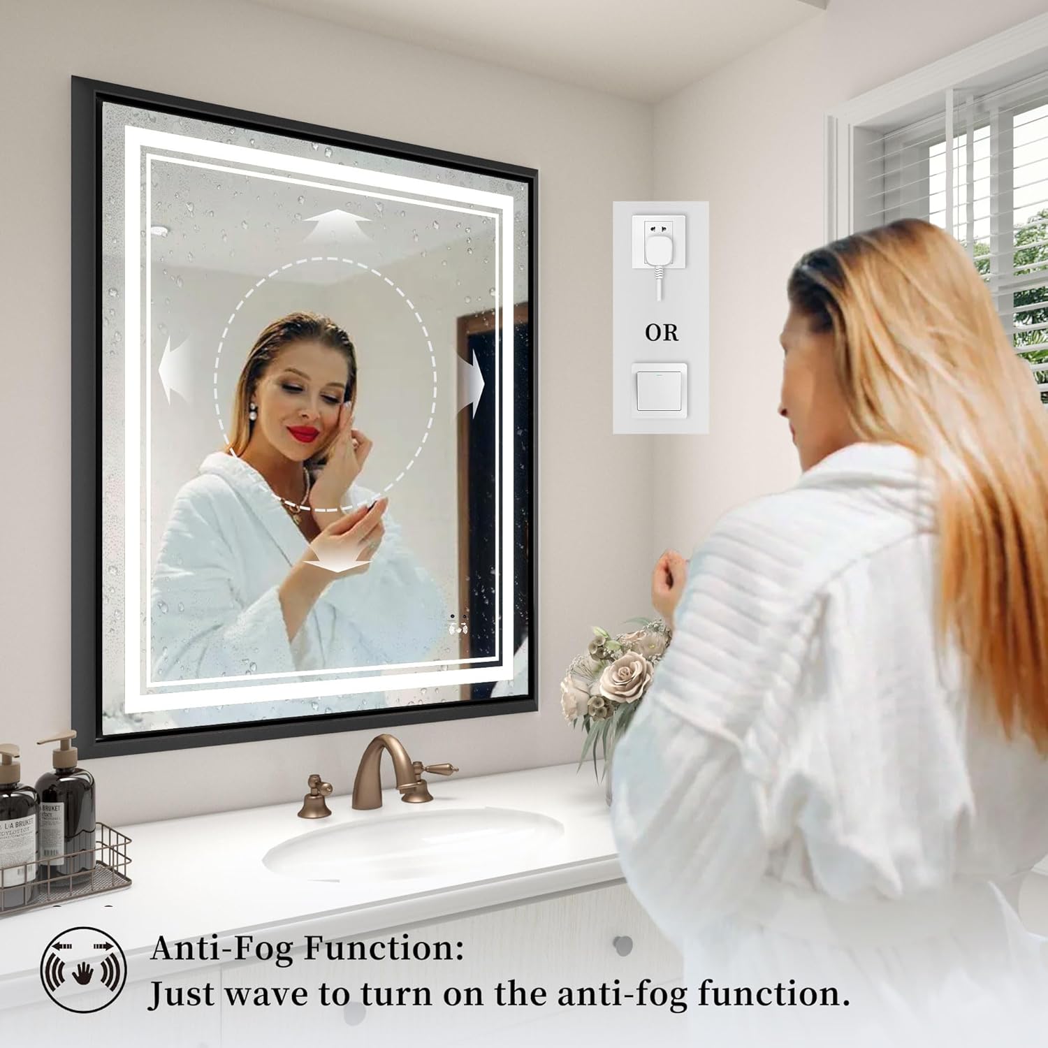 LED Bathroom Mirror: 40x32 Inch LED Bathroom Vanity Mirror - Black Framed Lighted Mirror for Bathroom Anti-Fog Gesture Control Dimmable Memory Function Tempered Glass