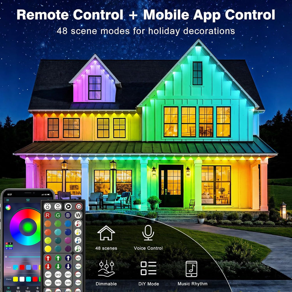 LITSOUL 200FT Permanent Outdoor Lights for House Waterproof, Smart RGB Eave LED Lighting with 16 Million Colors, IP67 Outdoor Strip Lights for Christmas Halloween Holiday Daily Decorations (200FT)