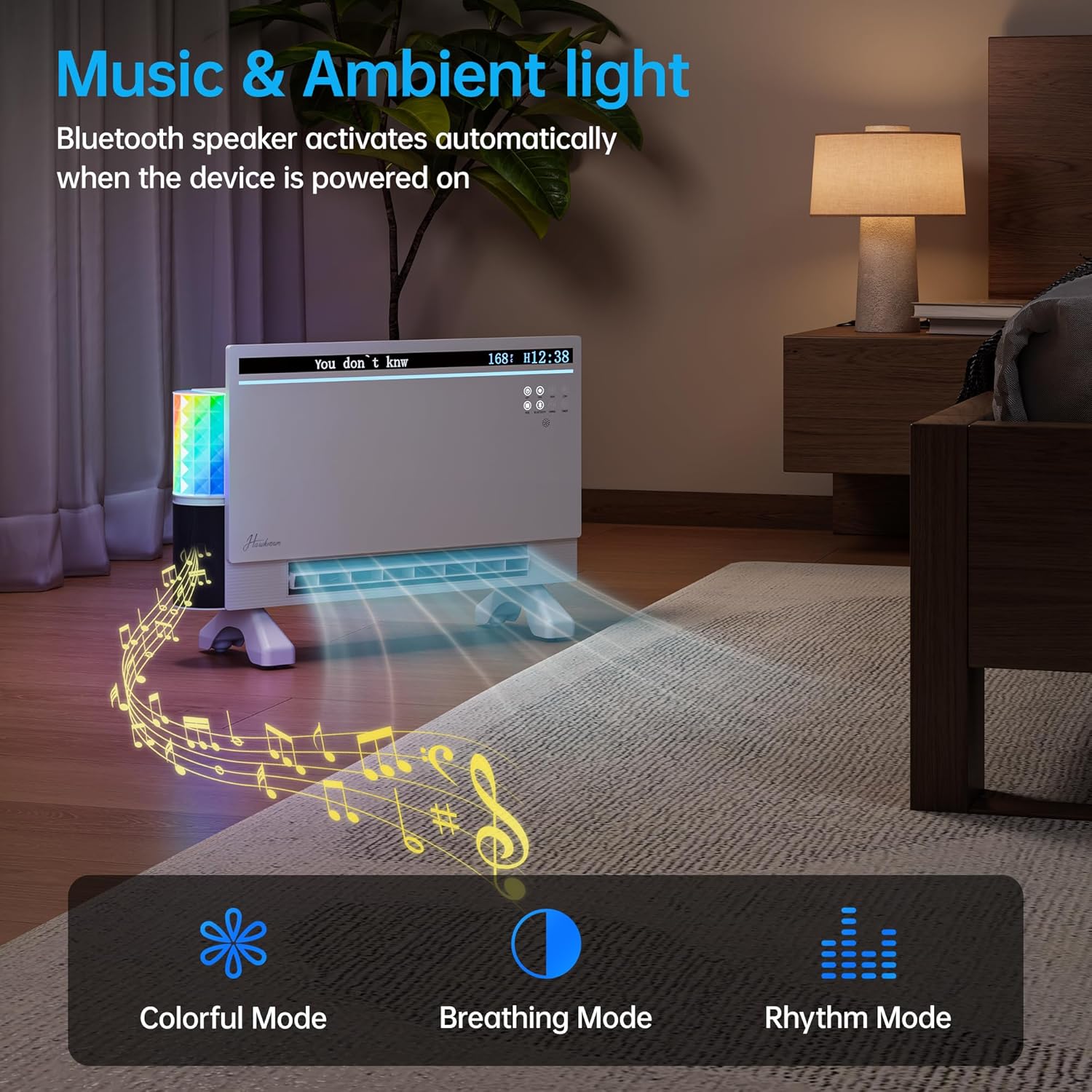 1800W Smart Panel Space Heater with Bluetooth Speaker,Play Music & Lyric Display & RGB Lights, 6-in-1 Heater Fan, App/Voice/Remote/Touch Control, Wall-Mount or Freestanding, Works with Alexa