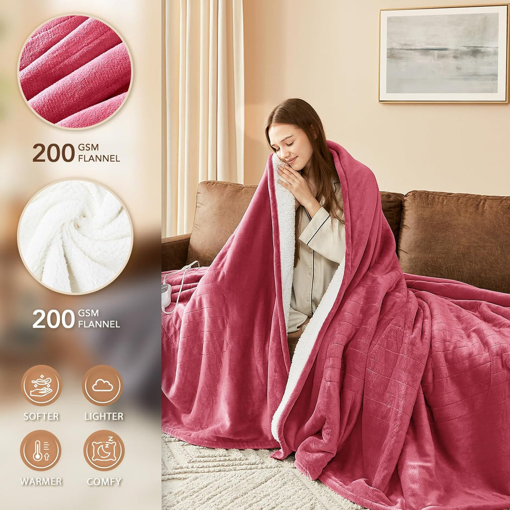 Homemate Electric Heated Blanket Twin - 62"x84" Heating Bed Blankets Throw with 10 Heating Levels 8 Hours Auto Off Fast Heating Over-Heated Protection Ultra Soft Warm Flannel ETL Certified