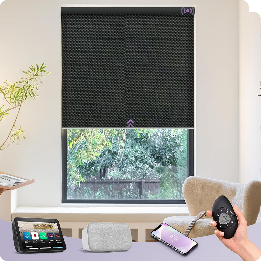 Graywind Motorized Solar Shades Light Filtering Mesh Shade Compatible with Alexa Google Remote Control Window Blinds with Valance for Smart Home Office Business, Custom Size (3% Openness Black Pearl)