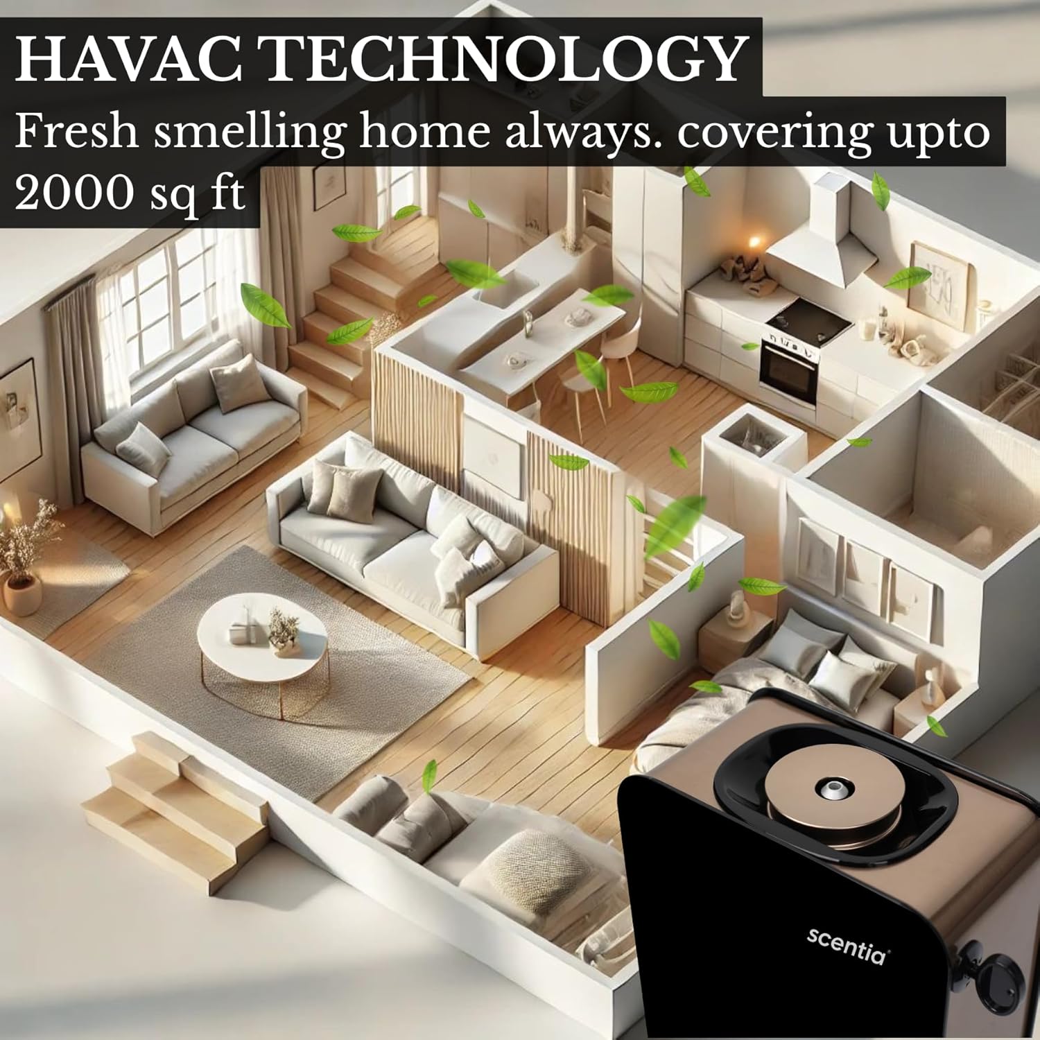 Smart Bluetooth HVAC System with App Control Scent Diffuser | Waterless Diffuser for Home, Office, Large Room, Studio, Yoga,| Coverage Upto 2000 Sq.ft | Scentia CASA SC 2000 Black