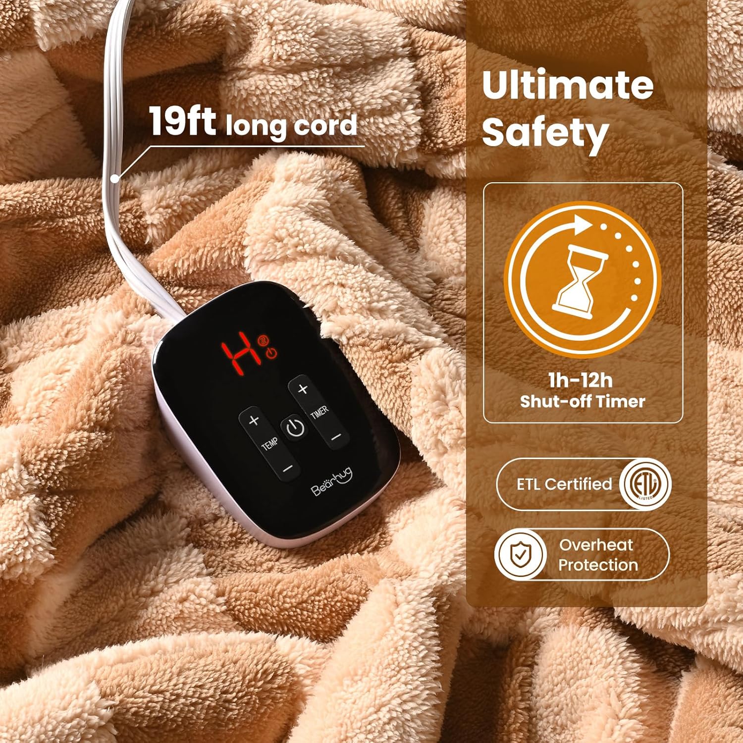 Bearhug Electric Blanket Full Size 77" x 84", Reversible Brown Plaid Sherpa Heated Blanket, 10 Heating Levels & 1-12H Auto Off, ETL Certified, Machine Washable, Gift Box