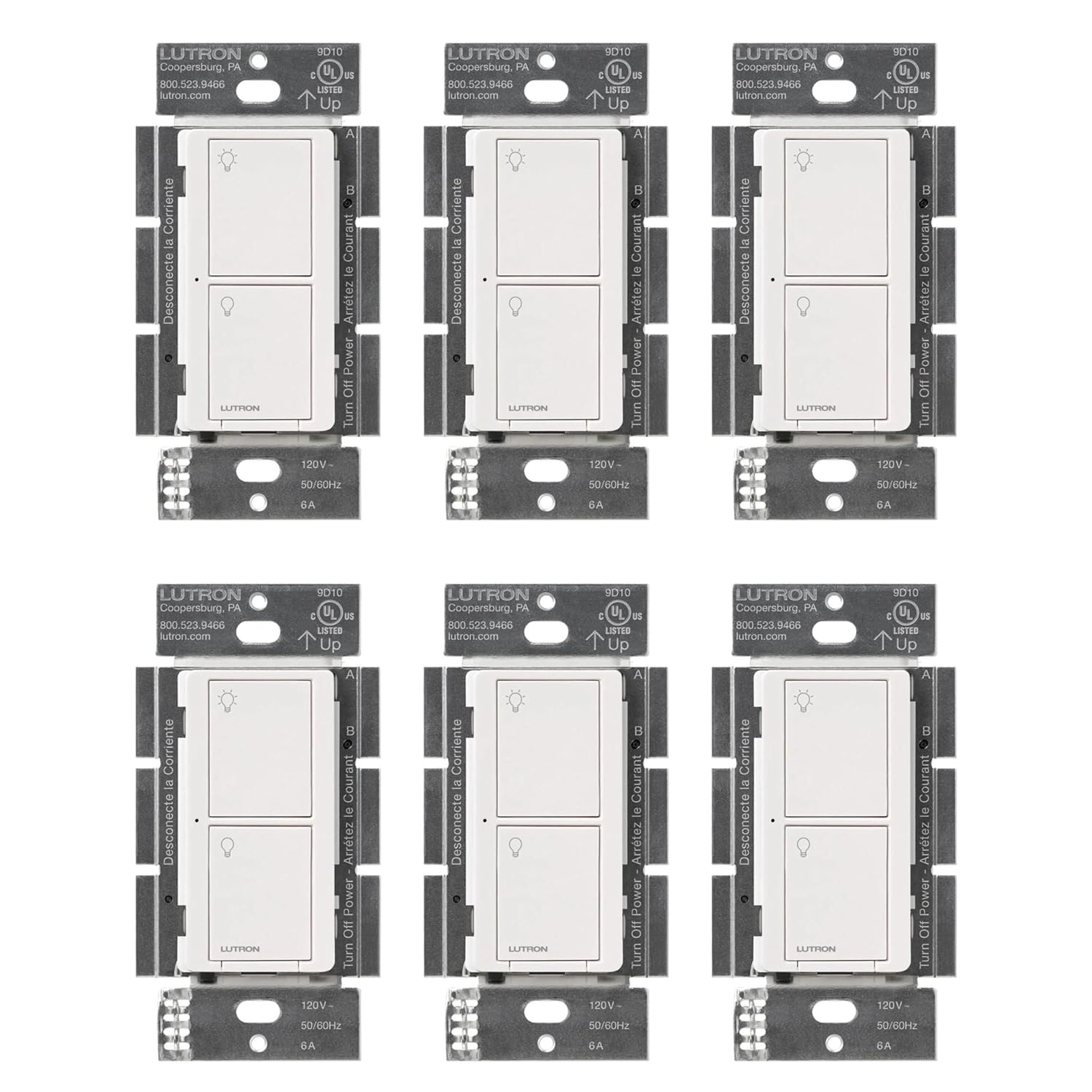 Lutron Caseta Original Smart Light Switch (Lutron Smart Hub Required), for Home, LED Lights, and Fans, 6 Amp, Single-Pole/3-Way, Neutral Required, PD-6ANS-WH-6-Pack, White, 6 Pack