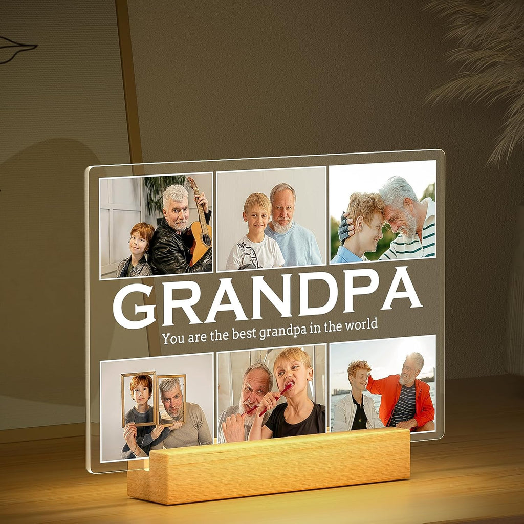 Personalized Gifts for Grandpa from Daughter Son, Custom Picture Frames with Photos, Customized Photo Frame with Night Light, Personalized Birthday Gifts for Grandpa Baby Kids Family