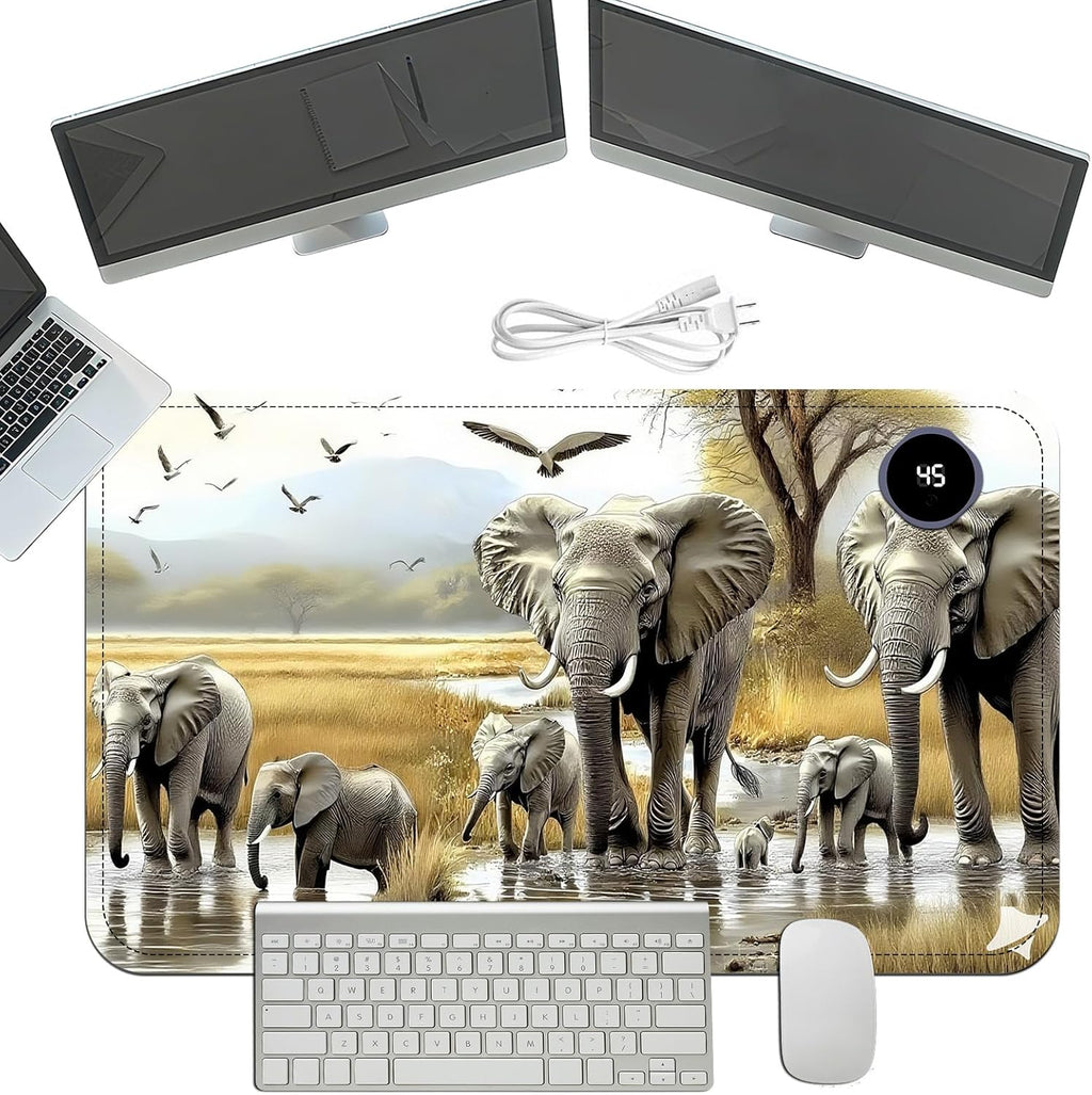 Heated Mouse Pad with 3 Temperature Settings(104°F–122°F),Large 24x14.2 Inch PU Leather Heated Desk Mat,Waterproof Warming Pad for Office,Gaming & Cold Hands Relief,Elephant Herd