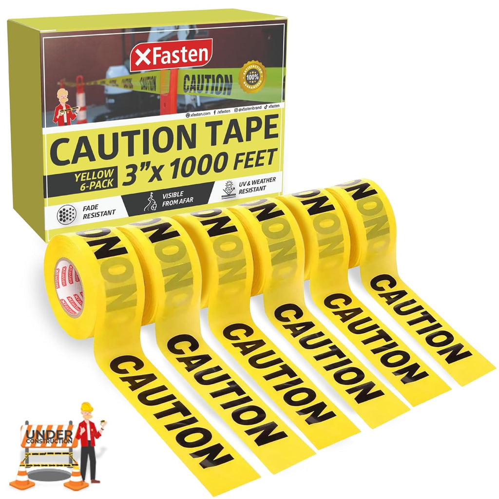 XFasten Yellow Caution Tape Roll Bulk, 3 in x 1000 ft (6-Pack), Thick and Durable Yellow Safety Tape for Barricades, Construction, Warning, and Hazard Areas – Easy to Loop, Weatherproof, Non-Fading