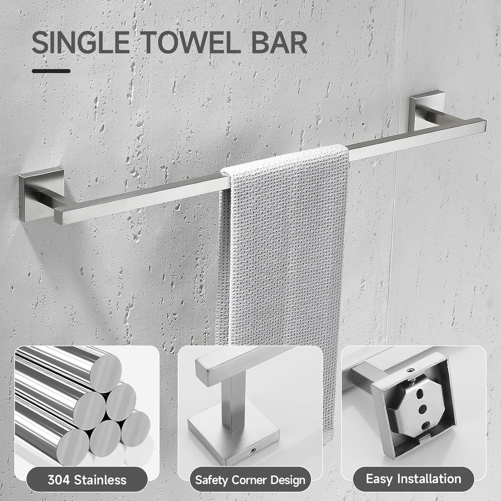 TQKAG 5-Piece Bathroom Hardware Set Brushed Nickel Classic Wall Mounted SUS304 Stainless Steel Bathroom Accessories Set 23.6" Towel Rack for Bathroom, Brushed Nickel