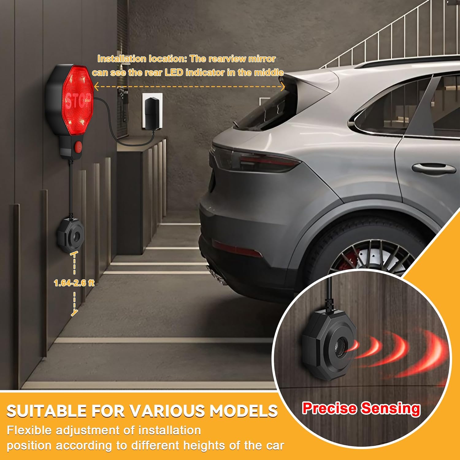 Adjustable Garage Parking Sensor Aid with with Red/Yellow/Green LED Display, Garage Parking Aid Set Stop Distance 6"–6 ft, Battery (Not Included) or USB Powered, No-Drill Installation(Black)