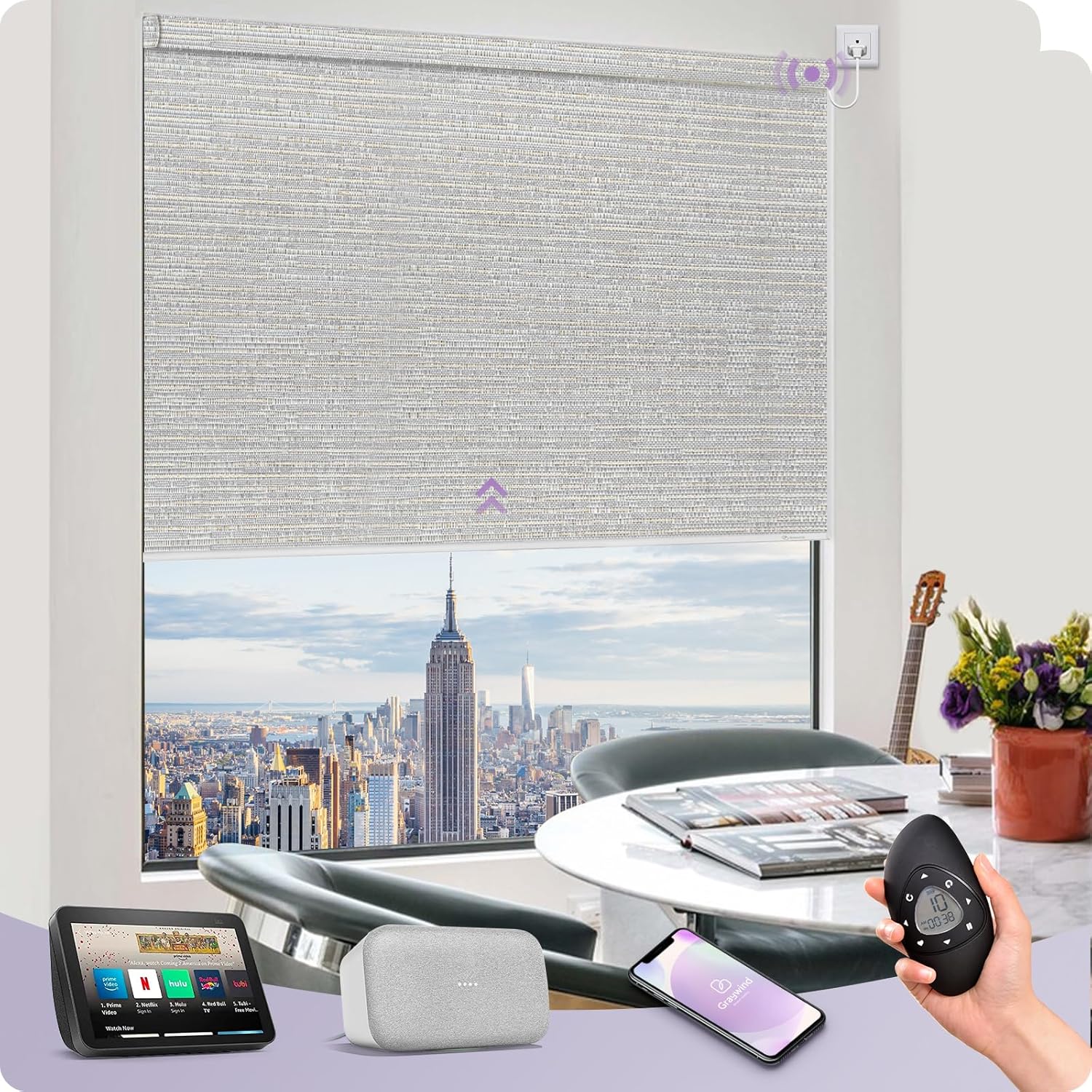 Graywind Smart Blackout Roller Shades Compatible with Alexa Google WiFi Hardwired Textured Fabric Motorized Blinds Remote Window Shades, Custom Size (Metallic Fuscous Grey)