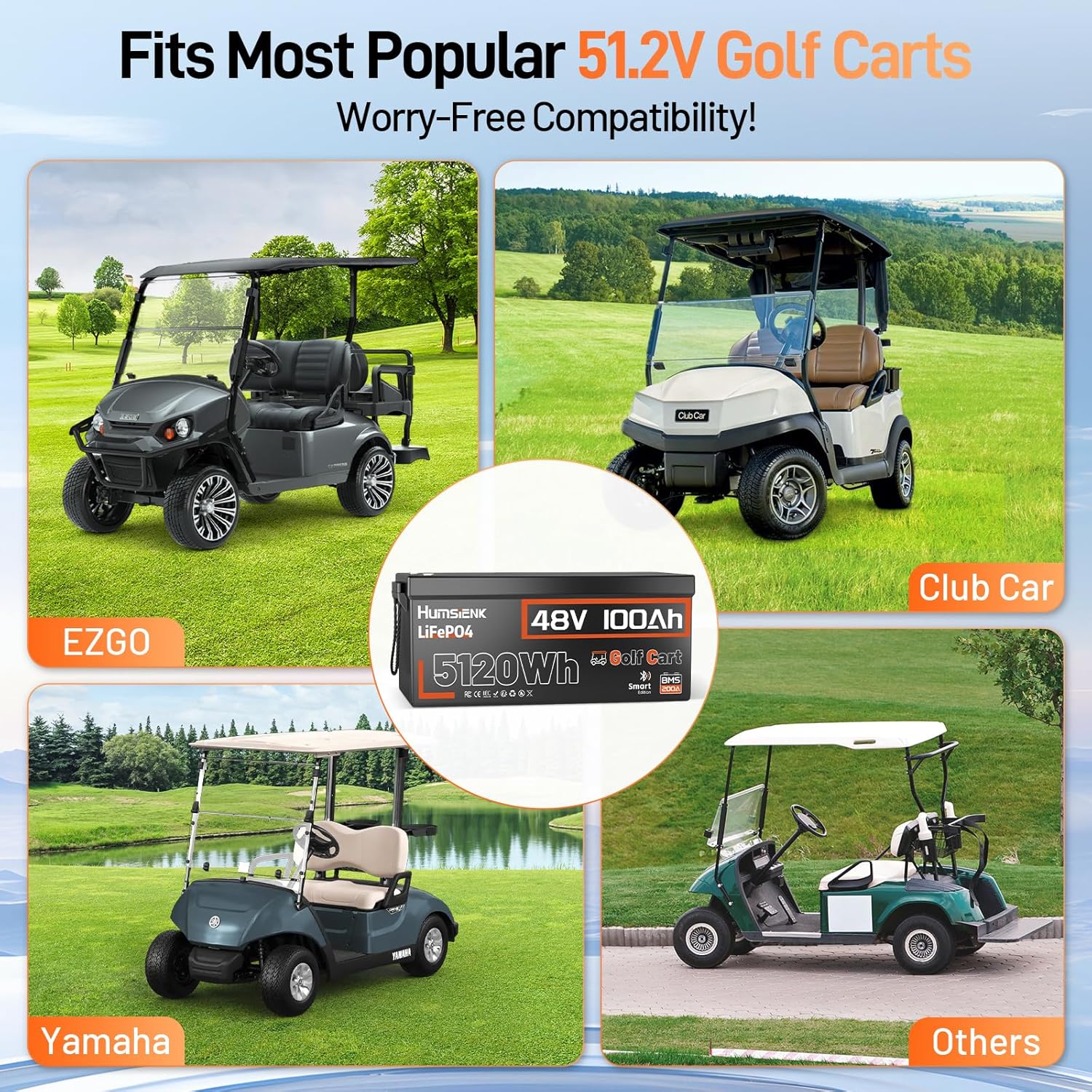 HumsiENK 48V 100Ah Golf Cart LiFePO4 Lithium Battery with Bluetooth Group 8D, 15000+ Deep Cycle Battery, Built-in 200A BMS with Low-Temp Protection Golf Cart Accessories