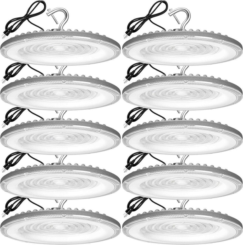 10 Pack 150W UFO Led High Bay Light 6000K Daylight,120VAC,Commercial Bay Lighting,IP66 Waterproof,21050LM,650W MH/HPS with Plug Area Lighting for Warehouse/Shop/Workshop/Barn/Gym/Factory