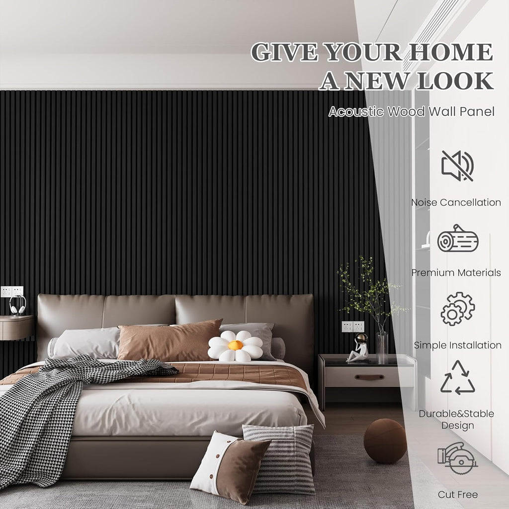Wood Salt Acoustic Wall Panels, 4 Piece 94" x 12.6" x 0.8" Soundproof Wooden Wall Panels, 3D Fluted Sound Absorbing Panel, Matte Black
