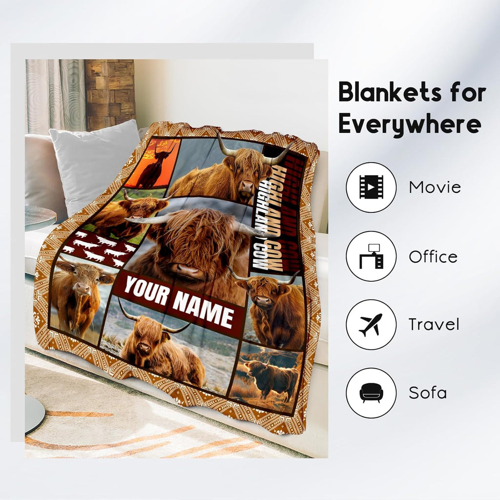 Personalized Blanket for Women Girls, Custom Highland Cow Gifts for Adults - 50"x60" Kids Throw for Couch, Sofa, Bed - Soft, Fuzzy & Cozy - Wildlife Home Decor Gift Ideal