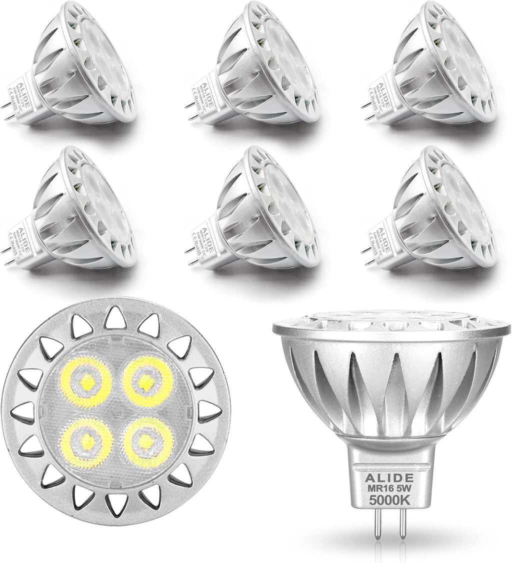 ALIDE 5W MR16 5000K Daylight White Led Bulbs GU5.3, MR16 20W 50 Watt Halogen Replacement, 12V Low Voltage Light Bulb for Accent Outdoor Landscape Track Lighting,Not Dimmable,500lm,38 Deg,6 Pack