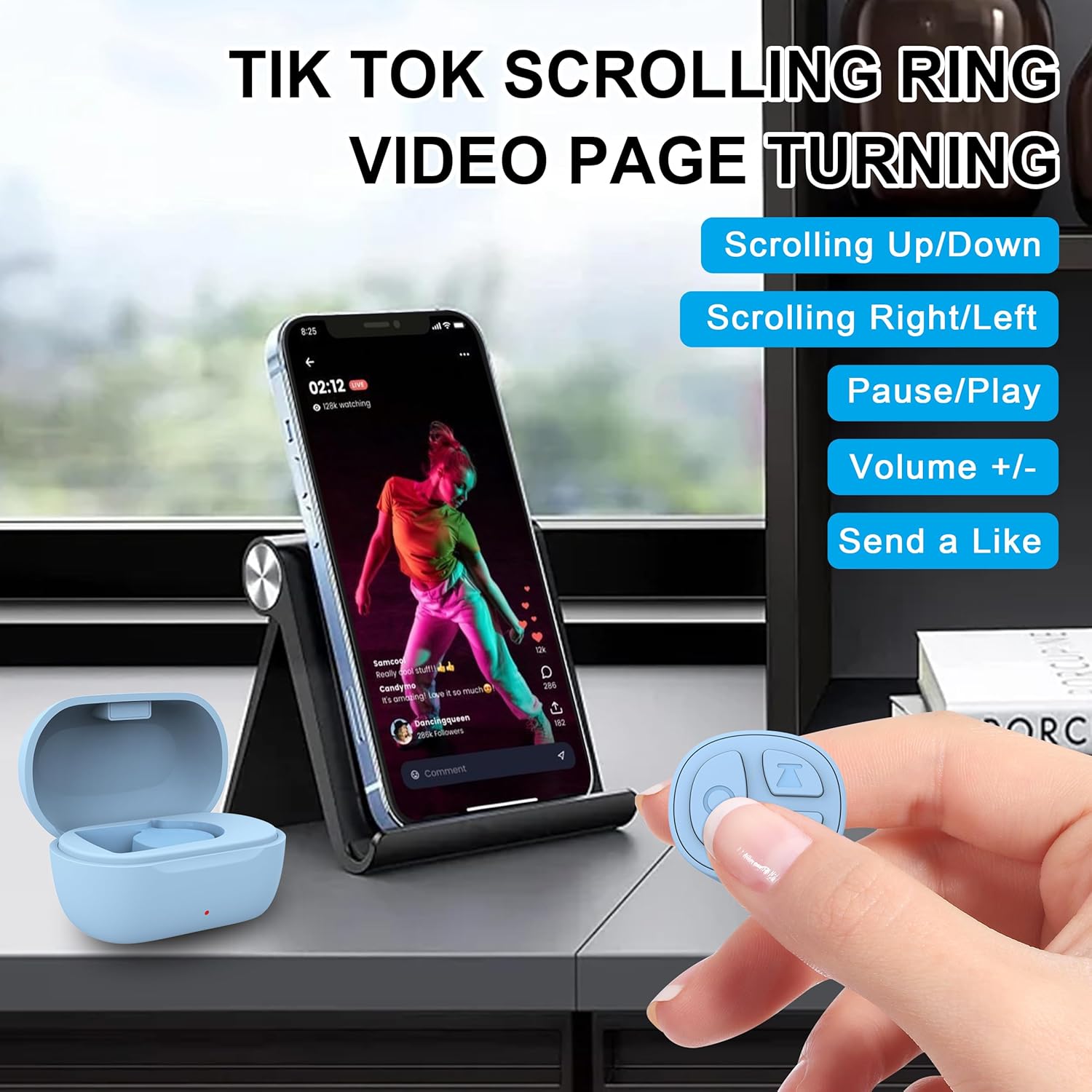 Tiktok Scrolling Ring for iPhone, Bluetooth Camera Remote Control, Remote Control for TIK Tok Scrolling Ring for iPhone, Android (Blue)
