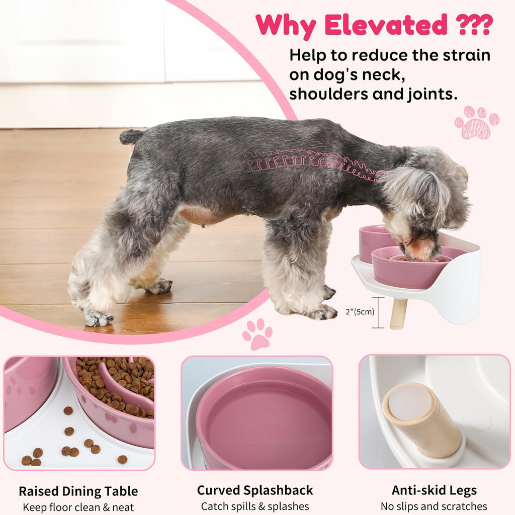 Elevated Slow Feeder Dog Bowls - Ceramic Food and Water Bowl Set with Stand - Raised Pet Dishes for Small and Medium Sized Dogs