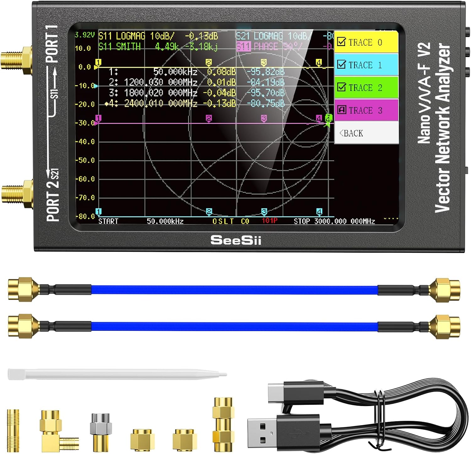 Upgraded NanoVNA-F V2 Vector Network Analyzer 50kHz-3000MHz HF VHF UHF VNA Antenna Analyzer 4.3 inch with 5000mA-h,Measuring S-Parameter Voltage SWR, Phase, delay, Smith Chart