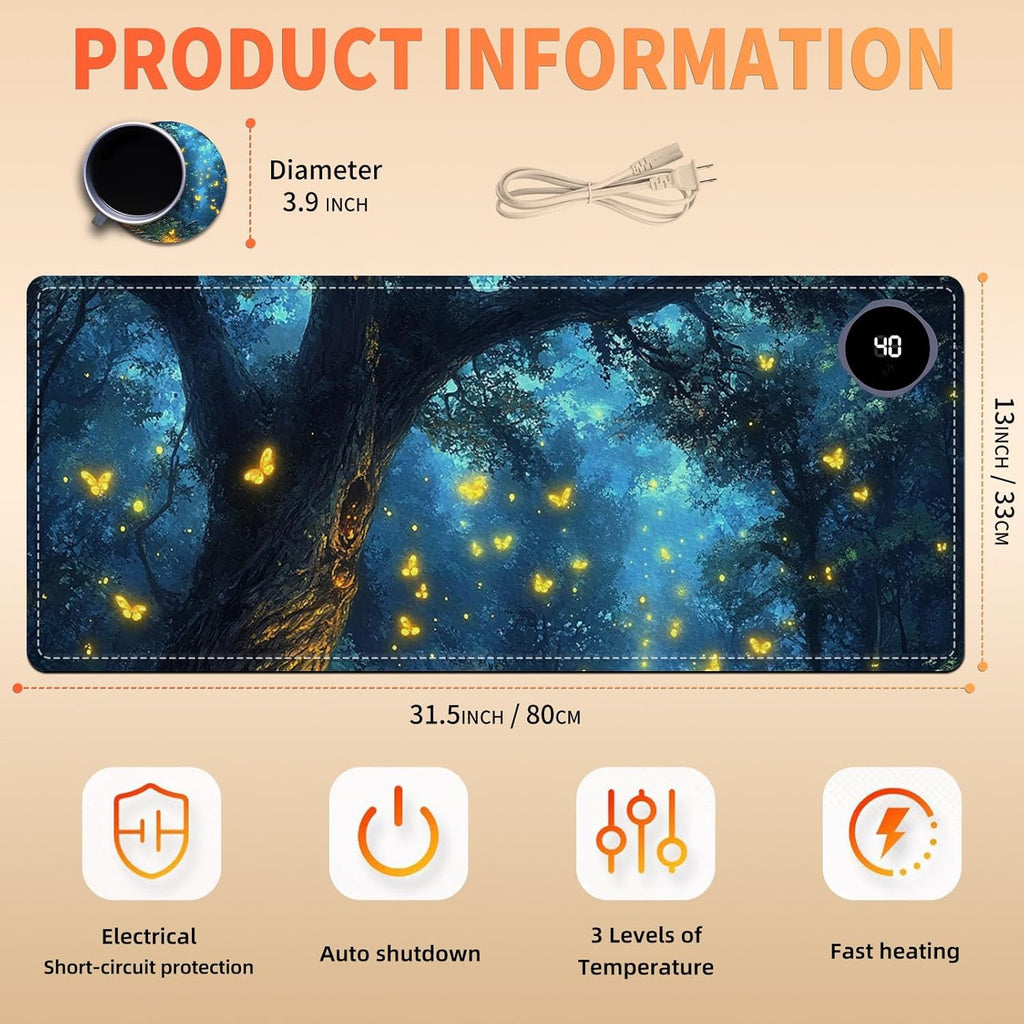 Heated Mouse Pad 31.5x13 in 3-Temp Fast Heating Desk Mat with Auto Timer Warmer for Hands Wrist Pain Relief Waterproof Keyboard Mat for Office, Gaming, Home, Enchanted Forest Glow