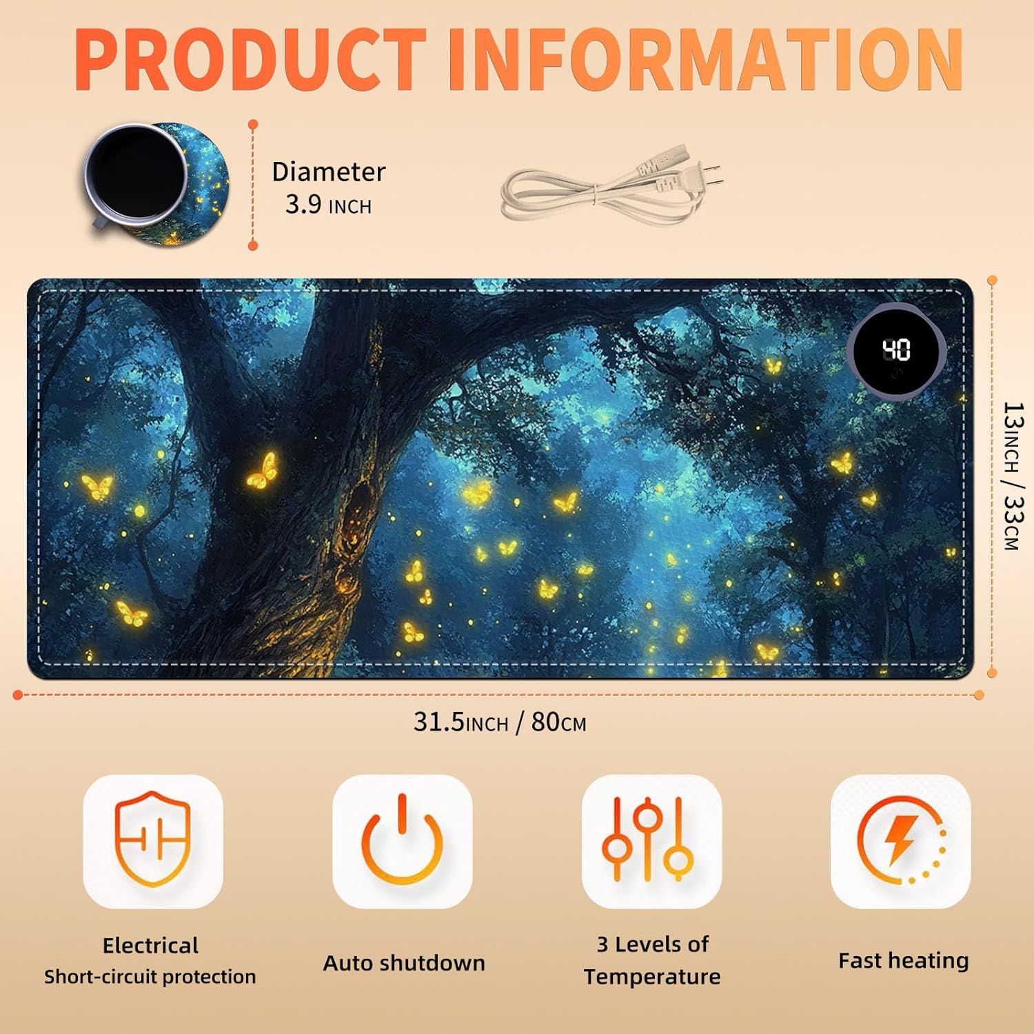 Heated Mouse Pad 31.5x13 in 3-Temp Fast Heating Desk Mat with Auto Timer Warmer for Hands Wrist Pain Relief Waterproof Keyboard Mat for Office, Gaming, Home, Enchanted Forest Glow