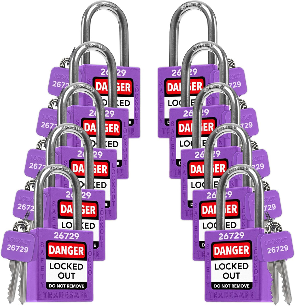 TRADESAFE Lockout Tagout Locks Set - 10 Purple Keyed Alike Padlocks, 2 Keys Per Lock, OSHA Compliant Loto Locks for Lock Out Tag Out Stations, Premium Grade