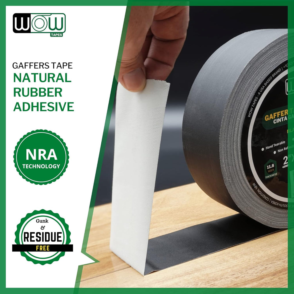 Wow Gaffers Tape 2 Inch Black - 50 Yards, Residue Free, Non-Reflective & Heavy-Duty - Professional Grade Gaff Tape - Ideal for Photography Backdrop, Cables, Cords & Floor Taping