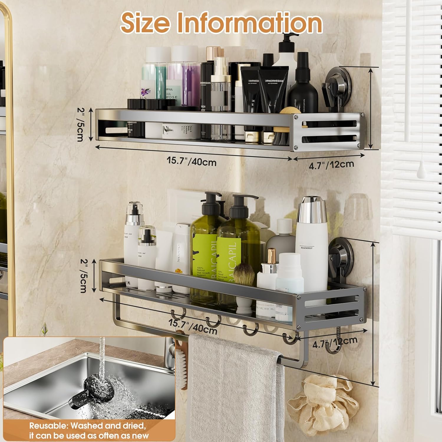 Shower Caddy Suction Cup, 15.8 inch 2 Pack Suction Shower Shelf with Hooks NO-Drilling Bathroom Holder, Rustproof Bathroom Organizer, Includes 2 Extra Suction Cups, Dark Grey