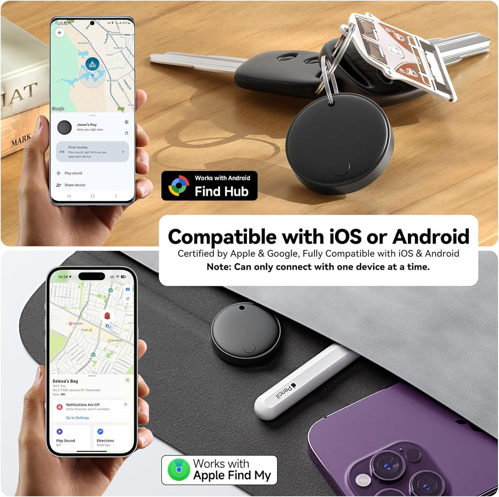 Eelexa Smart Tag Tracker, Dual System(Both iOS&Android) Air Tracker Tag, Compatible with Apple Find My or Google Find Hub Smart Keys Finder Item Locator with Waterproof&Light (Black-2Pack)