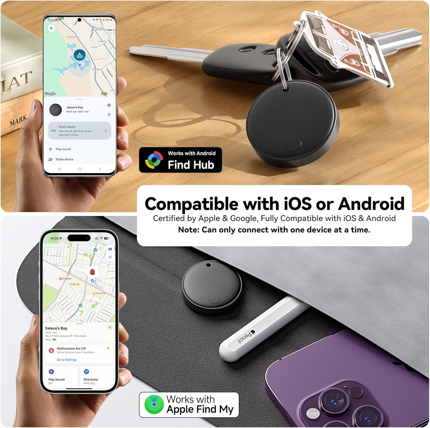 Eelexa Smart Tag Tracker, Dual System(Both iOS&Android) Air Tracker Tag, Compatible with Apple Find My or Google Find Hub Smart Keys Finder Item Locator with Waterproof&Light (Black-2Pack)