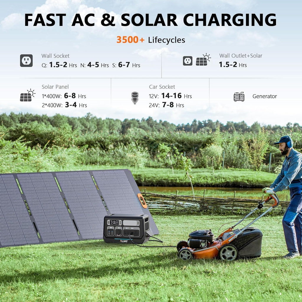 ALLWEI 2400W Portable Power Station (Surge 4800W) with 1x400W Solar Panel and 1x2048Wh Expansion Battery Included, 4 AC Outlet, LiFePO4 Battery Backup Generator for RV Camping Emergency Outdoor Home